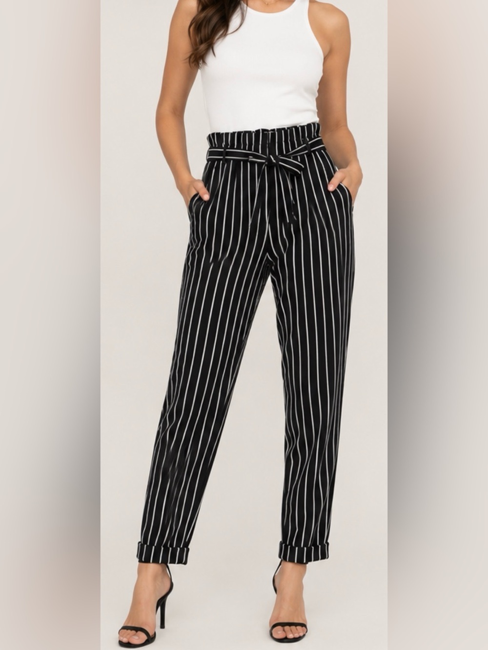 Charlotte Russe Black and White Vertical Stripe Paperbag Waist Trousers